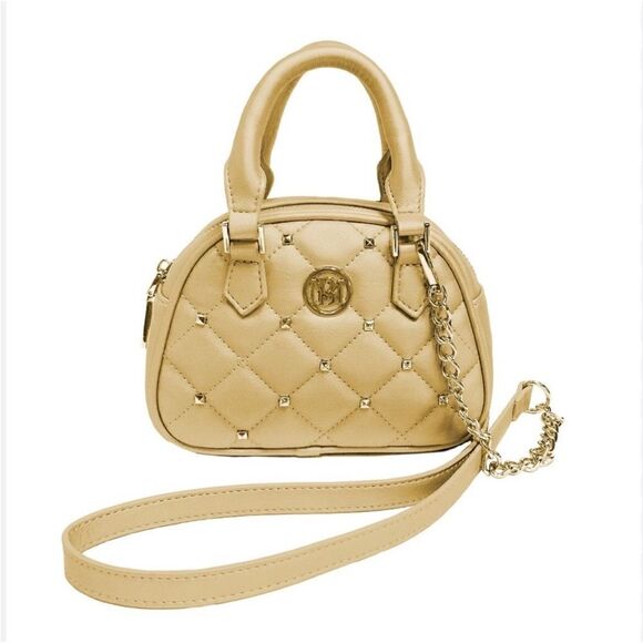 NWT Badgley Mischka Studio Metallic Gold Quilted Studded Dome Crossbody Bag. - Picture 1 of 15